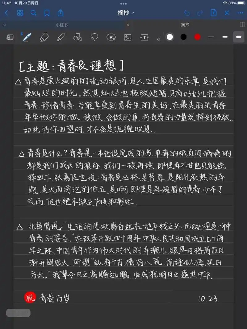 手写文案|主题:青春&理想  青春是萤火绚丽的流动银河,是人生里最美的