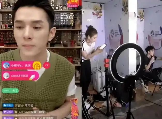 而是翻出了一张李佳琦的照片,左边是李佳琦在直播间里光鲜亮丽,右边则