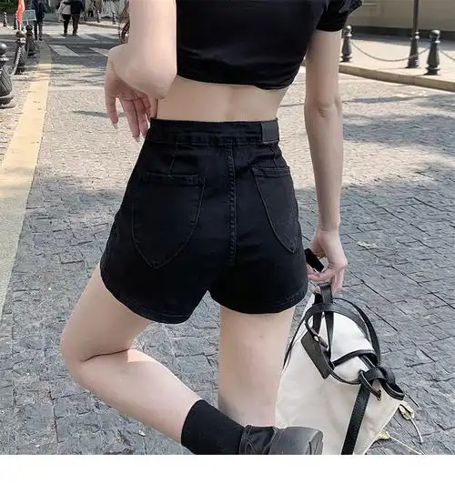 拉夏贝尔homme黑色牛仔短裤女夏季2022新款设计感小众辣妹小个子高腰