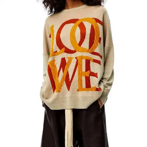 【包税】loewe/罗意威 21年春夏新款 女士沙色亚麻/棉love印花毛衣s