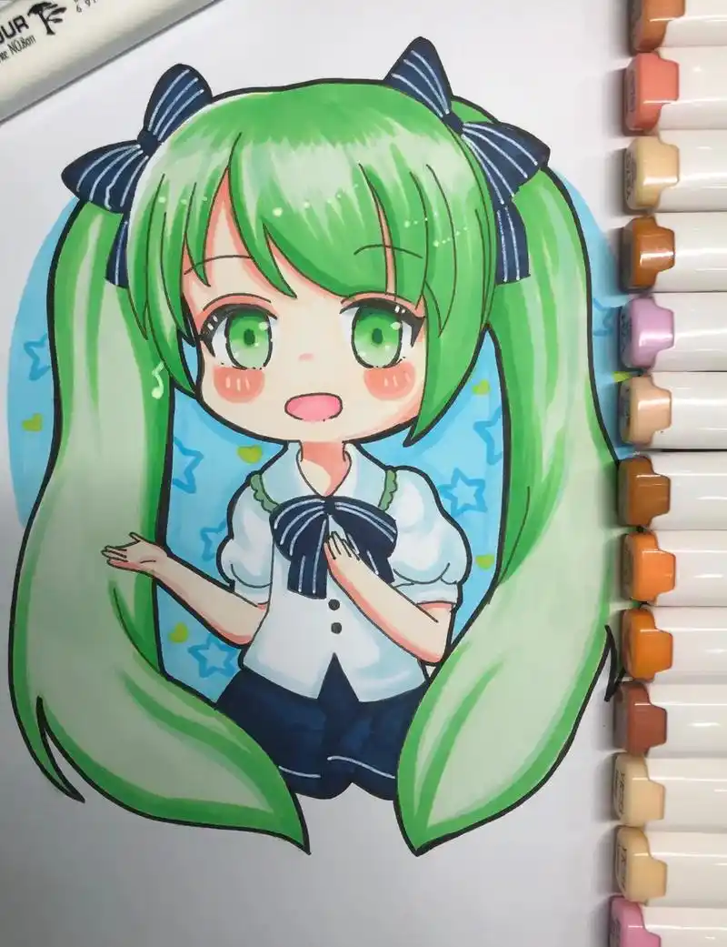 20|100幅 q版动漫女生人物系列|初音未来(附线稿)#画 - 抖音