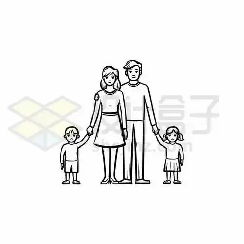 爸爸妈妈和儿子女儿一家四口幸福之家手绘线条插画6648671矢量图片免