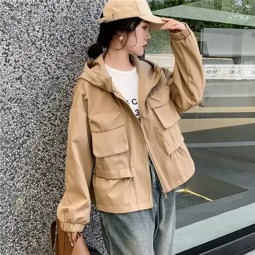 休闲立体口袋连帽抽绳重工工装小个子短款风衣外套女柚见伴夏