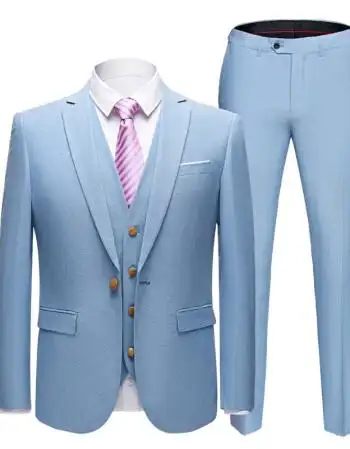 套装男士休闲西装男三件套新郎结婚礼服英伦浅蓝韩版修身四季 浅蓝色