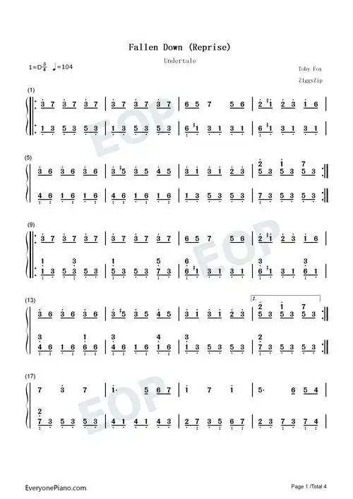 fallen down reprise-坠落重奏版-undertale-传说之下bgm双手简谱预览