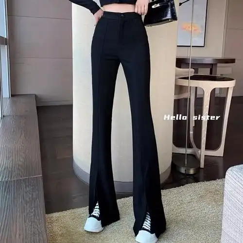 前开叉裤子女黑色高腰喇叭裤冬季加绒加厚显瘦弹力微喇裤子女加绒