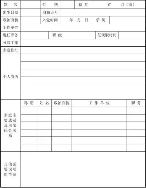 说明:1,此表由干部本人填写;2,政治面貌填写要正确,如;中共党员,不能