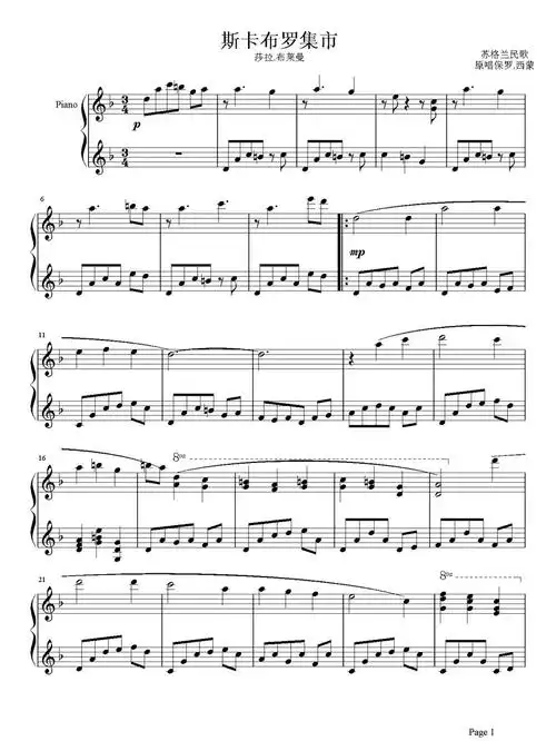《斯卡布罗集市》钢琴谱