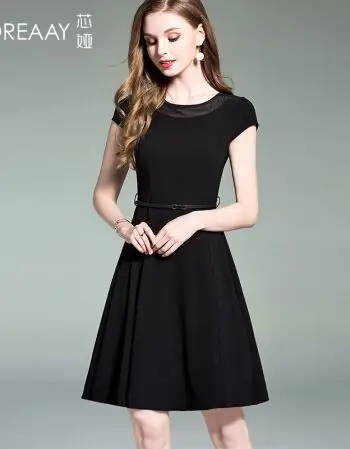 新款韩版夏季连衣裙女2018修身显瘦赫本小黑裙女裙雪纺短袖裙子 黑色