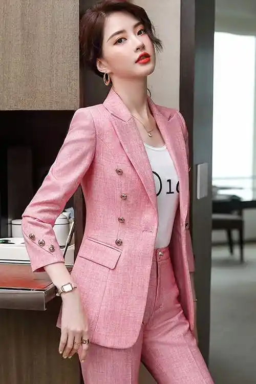 粉色西装外套女休闲高端韩版时尚职业装气质女神范网红小西服套装