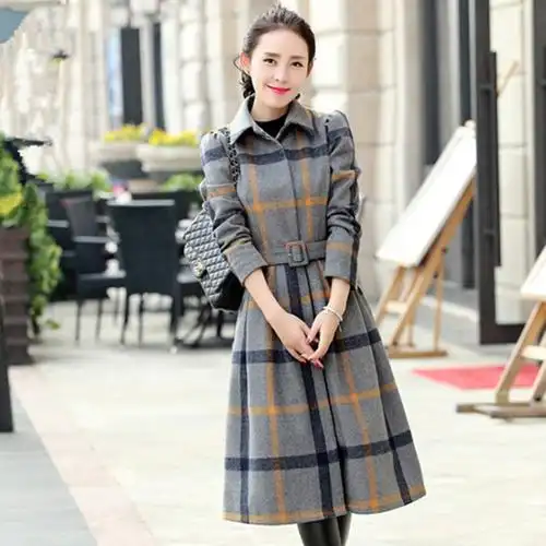 秋冬装新款女装气质长袖加厚格子毛呢连衣裙修身显瘦中长款