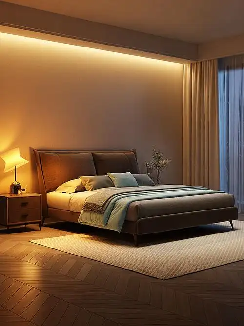 卧室科技绒布床产品场景效果图