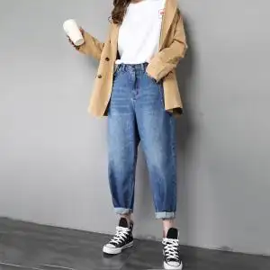 老爹裤女裤子秋季宽松原宿直筒bf百搭chic早秋哈伦萝卜裤长牛仔裤