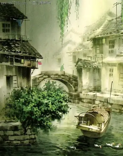 张明康水彩画江南水乡办公家居装饰送礼20370