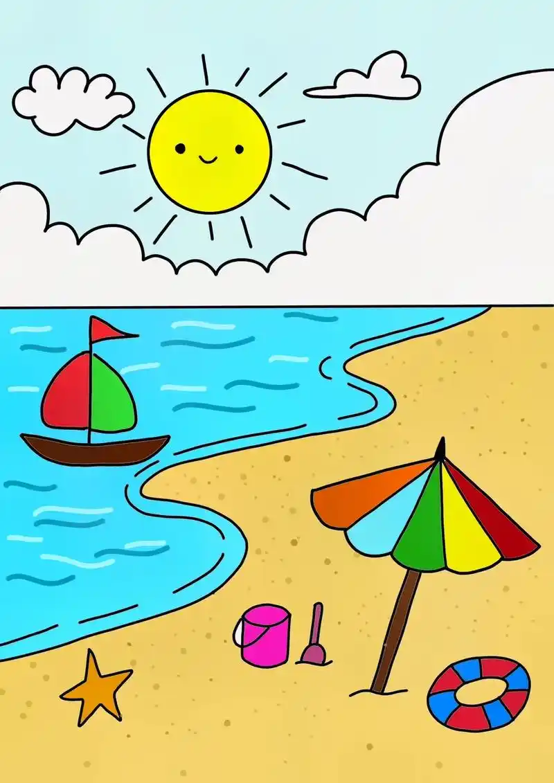 夏日主题画 #沙滩儿童画  - 抖音