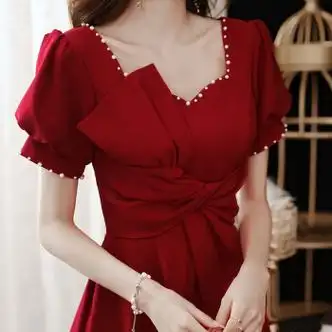 槿瑰回门衣服平时可穿胖mm夏季敬酒服新娘女夏小个子红色礼服连衣裙订