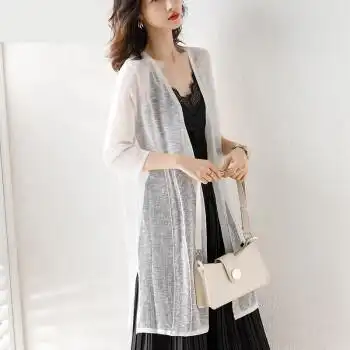 桑蚕丝外搭开衫中长款真丝披肩外套针织女防晒薄夏季空调衫冰丝白色m