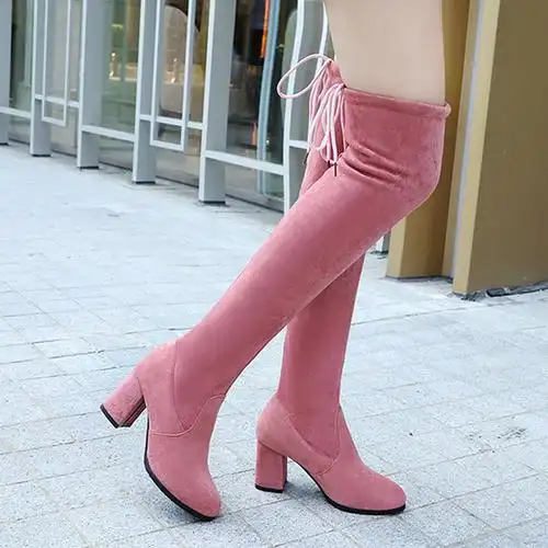 网红秋冬薄绒粉色高跟过膝弹力磨砂长靴女粗时装靴