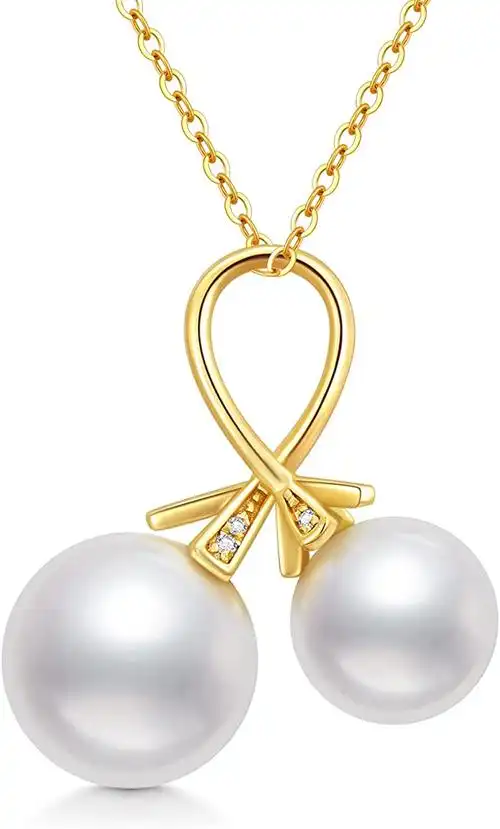 diya14k真金双珍珠吊坠项链女士8毫米带6毫米淡水养殖珍珠吊坠项链