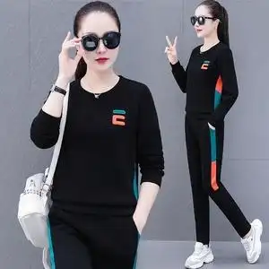 官网斐乐韩版运动套装女春秋2021新款黑色时尚洋气宽松大码卫衣跑