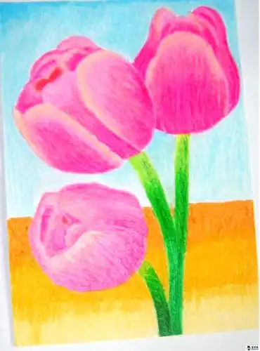 幼儿蜡笔画作品美丽的郁金香