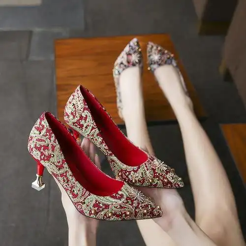婚鞋女红色高跟鞋细跟2024新款百搭公主芥末新娘鞋网红结婚秀禾鞋