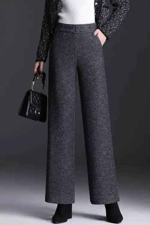 毛呢阔腿裤女秋冬高腰垂感灰色裤子加厚加绒宽松外穿羊绒直筒长裤