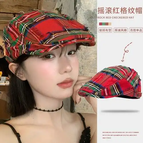 夏季百搭复古红色格子前进帽女贝雷帽小众朋克风帽子报童帽画家帽