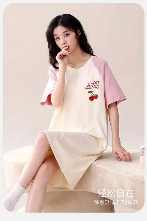 q睡衣女夏季纯棉睡裙套头学生全棉女孩带胸垫可爱卡通居家可外穿 - 17