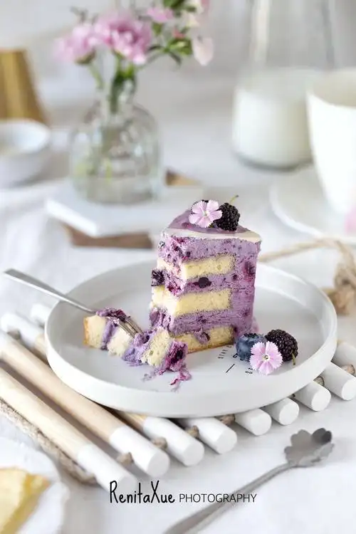 切一块蓝莓冰淇淋蛋糕做下午茶