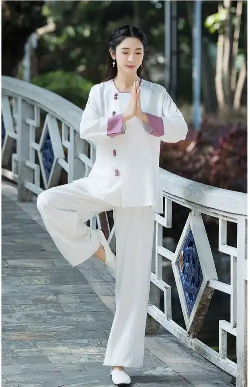 棉麻太极服女新款太极拳服练功服武术表演服装春夏飘逸薄款套装紫红m