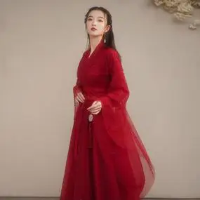 2022原创汉服女春季古装飘逸超仙中国风裙显瘦舞蹈演出服红色宋制