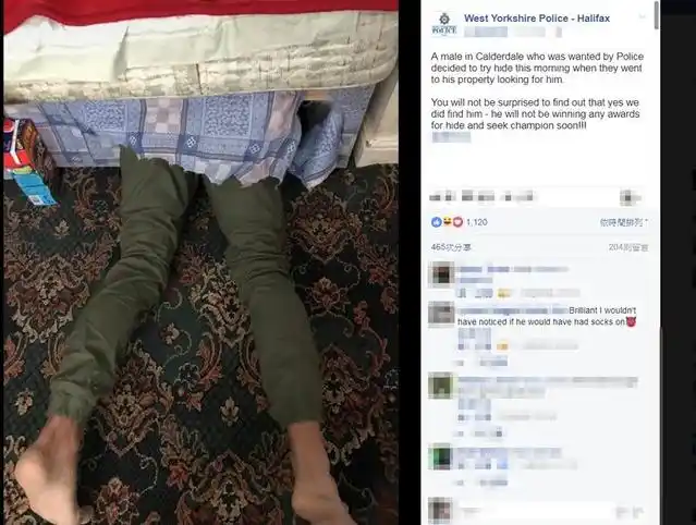 最烂躲猫猫!英国一窃贼为躲警察藏床下 双腿却露外面(图)