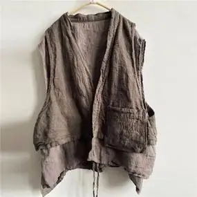小众粗布麻衣双层不对称设计假两件拼接马甲古风流浪系带无袖小衫