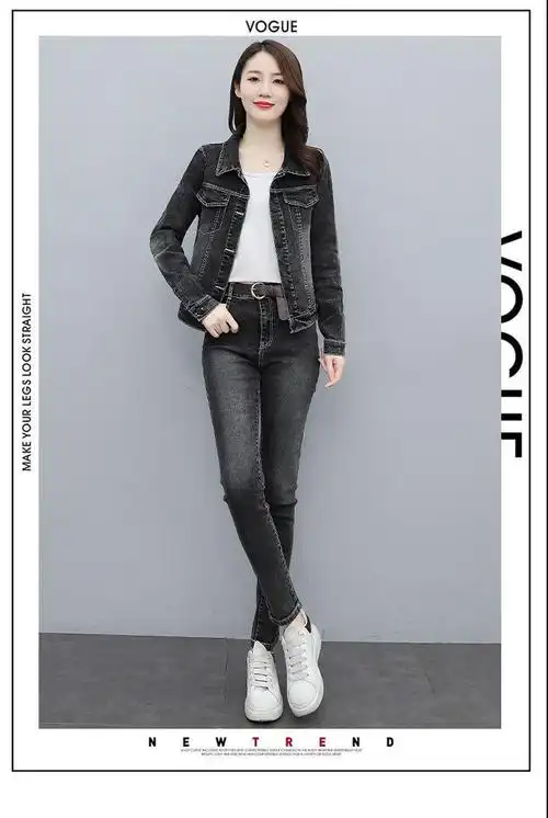 套装女生黑色牛仔套装女韩版修身显瘦气质两件套潮黑灰色218款无刺绣s