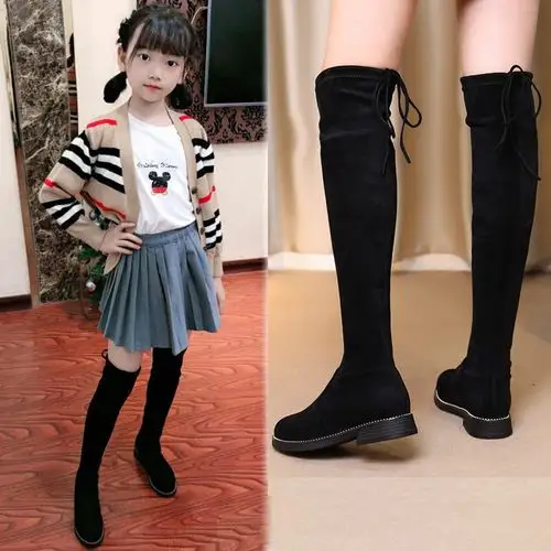 女童靴子儿童长筒秋冬季小女孩中大弹力单靴加绒公主皮靴