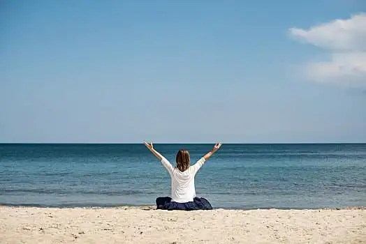 女人,沉思,海洋,安静,瑜珈,练习