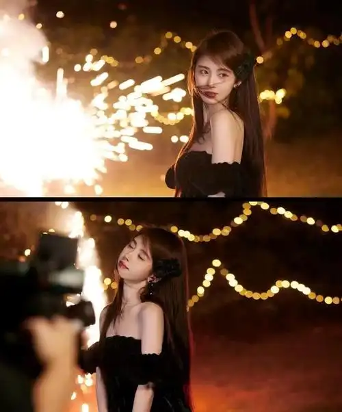 鞠婧祎新年烟花写真,一袭黑色露肩裙,肌肤白皙,又娇又媚