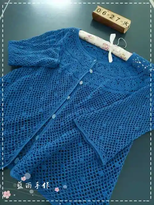 葱蓝简单大方女士钩针蕾丝开衫