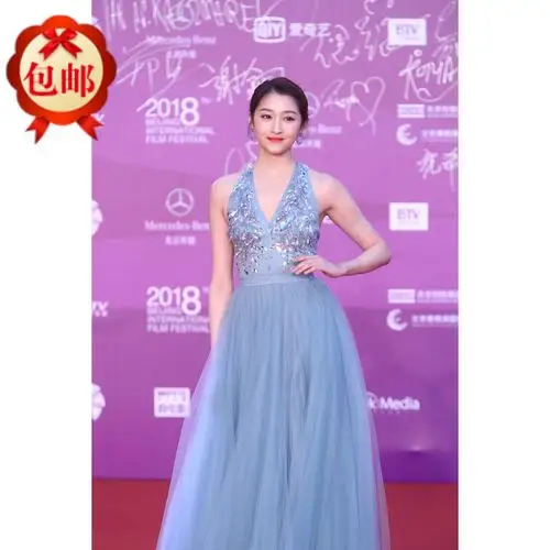 明星关晓彤同款晚礼服长裙北京国际电影节红毯晚装 深v蓝色舞台服