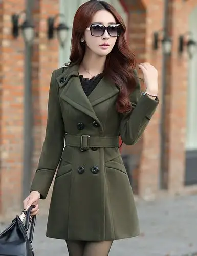 梵如 女式 韩版修身中长款收腰气质毛呢外套长袖呢大衣秋冬女士女装 f