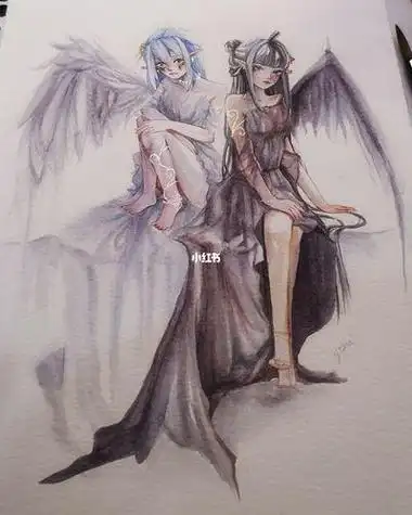 天使与恶魔简笔画 天使与恶魔简笔画各一半