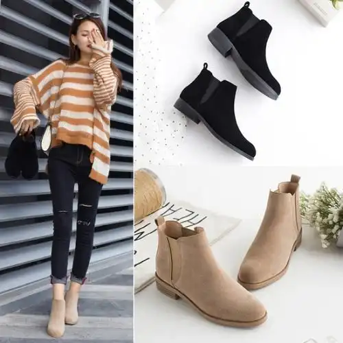 切尔西短靴女2018秋冬新款韩版百搭粗跟低跟裸靴平底马丁靴子真皮dx