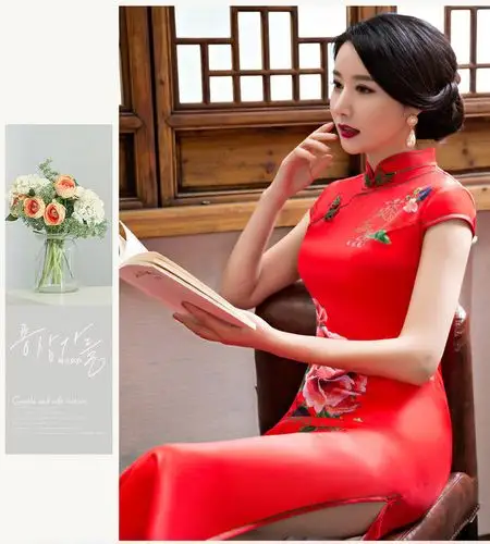2018年新长款红色丝绸旗袍裙 sj-679