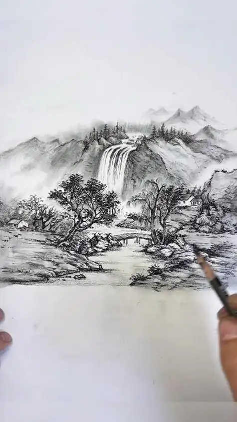 素描风景画山水素描山水画