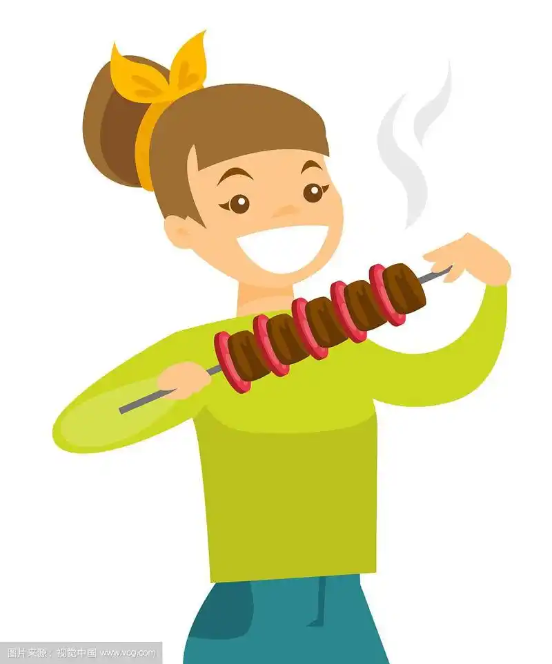 年轻白种女人吃烤肉串