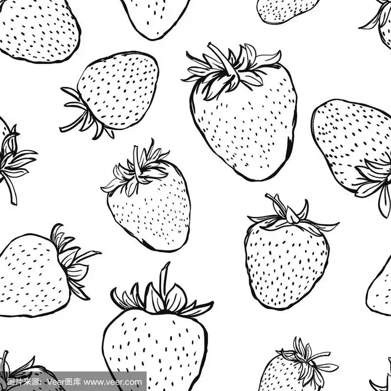 草莓矢量无缝模式.手绘黑白背景.