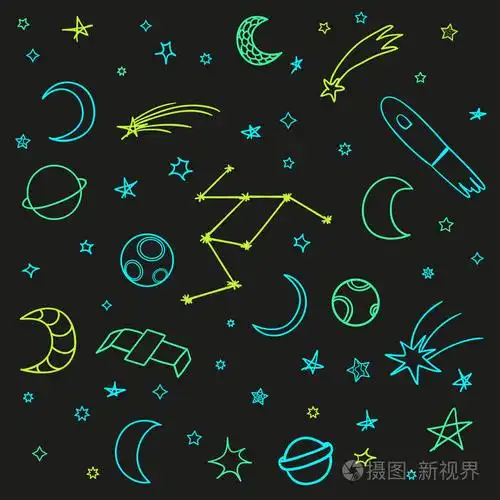 孤立背景上的宇宙元素. 收集. 五颜六色的涂鸦设计.