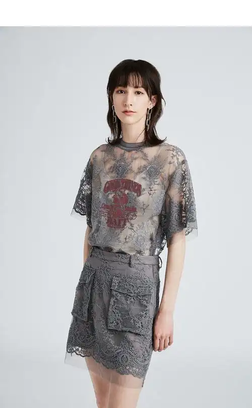 dazzle/dazzle地素19秋装套装上衣蕾丝衫女士短袖衬衫2g3d3057e/2g3s