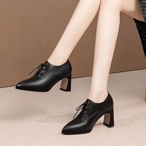 2024新款春秋女鞋女中跟深口单鞋真皮皮鞋尖头软皮粗跟高跟鞋春款
